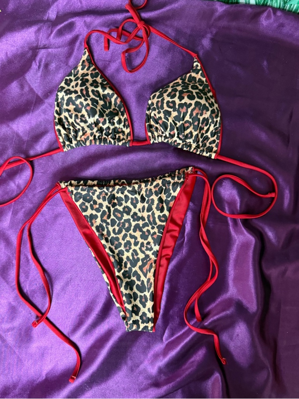 Amazon Leopard Print Triangle Bikini with Red Trim